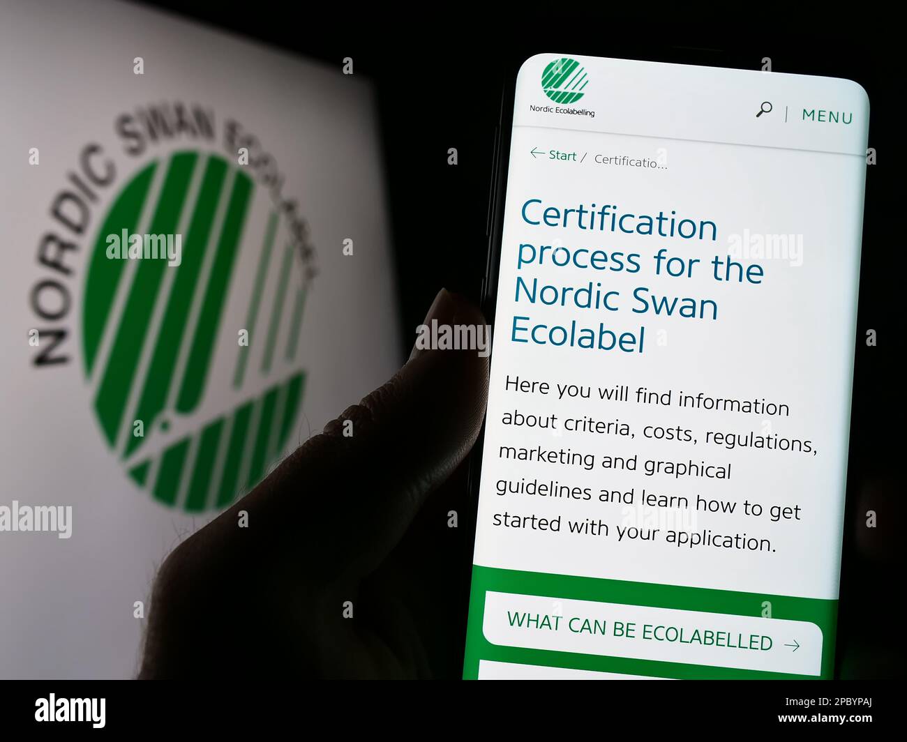 Person holding cellphone with webpage of environmental certification Nordic Ecolabel on screen in front of logo. Focus on center of phone display. Stock Photo