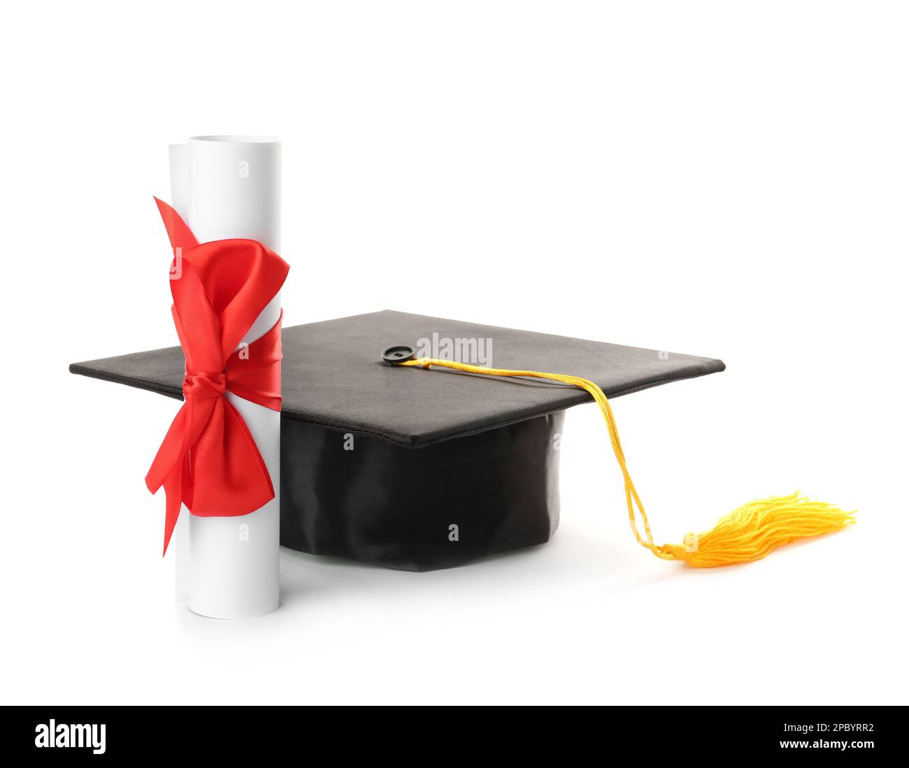 Graduation hat and diploma on white background Stock Photo - Alamy