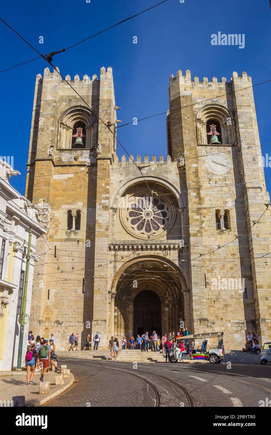 Front facade of the historic cathedral in Lisbon, Portugal Stock Photo