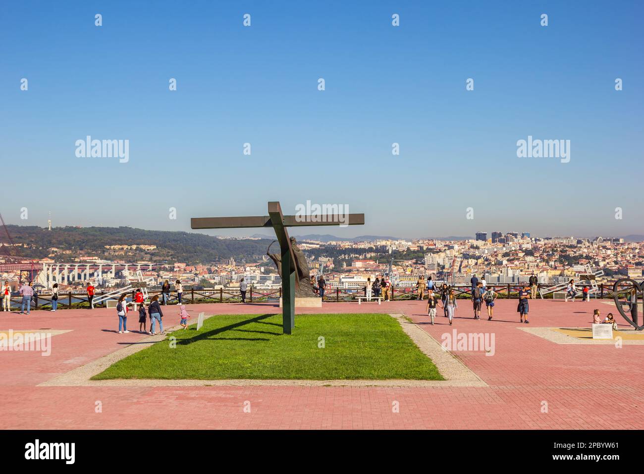 Religious cross at the viewing platform of the Santuario de Cristo Rei in Lisbon, Portugal Stock Photo