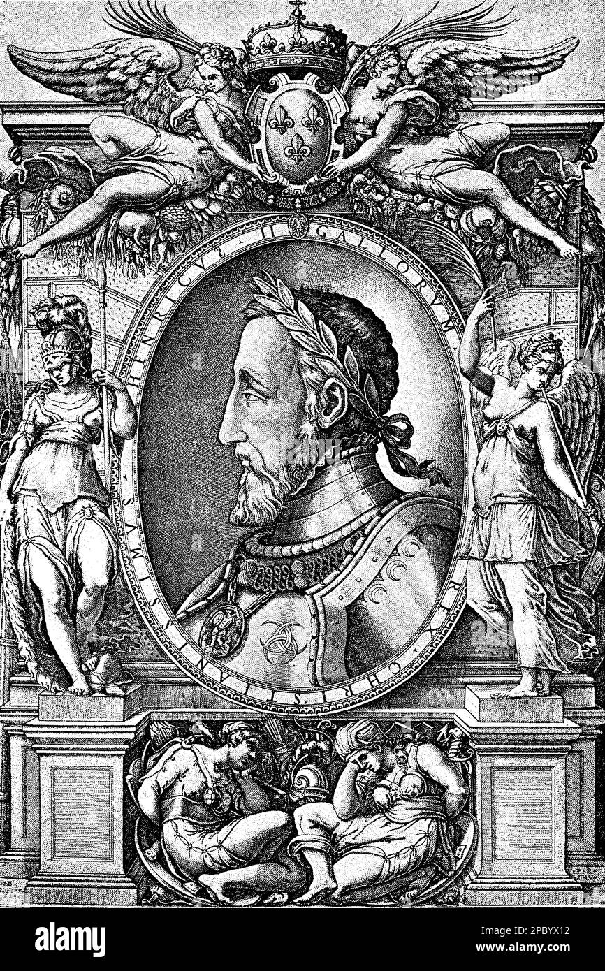 Henry II of France was a 16th-century monarch who reigned during the turbulent Wars of Religion between Catholics and Protestants. He was known for his military campaigns, patronage of the arts, and tragic death in a jousting accident Stock Photo