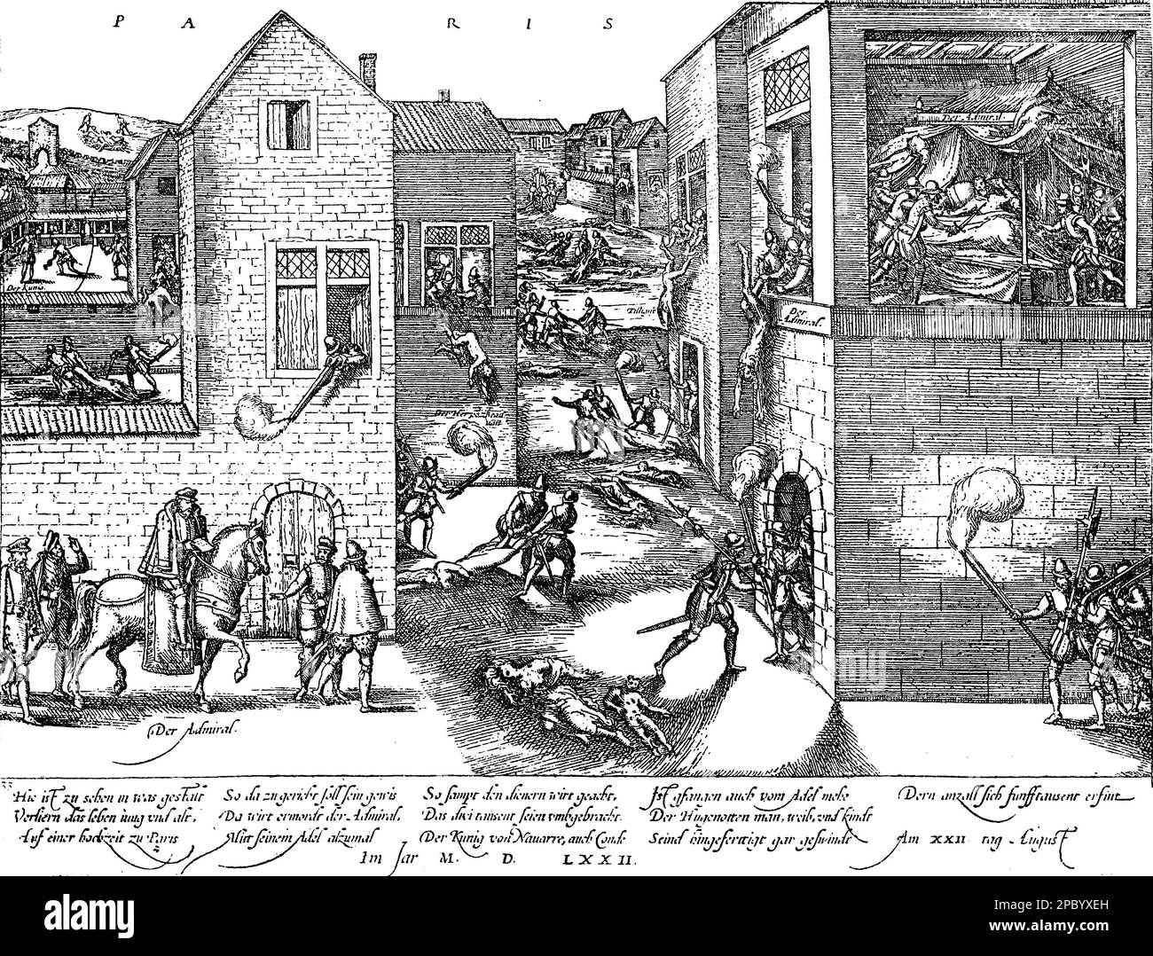 The St. Bartholomew's Day massacre was a series of targeted killings and mob violence against French Protestants (Huguenots) in August 1572, resulting in thousands of deaths. It was a turning point in the French Wars of Religion and has been widely condemned as a horrific act of religious intolerance and violence Stock Photo
