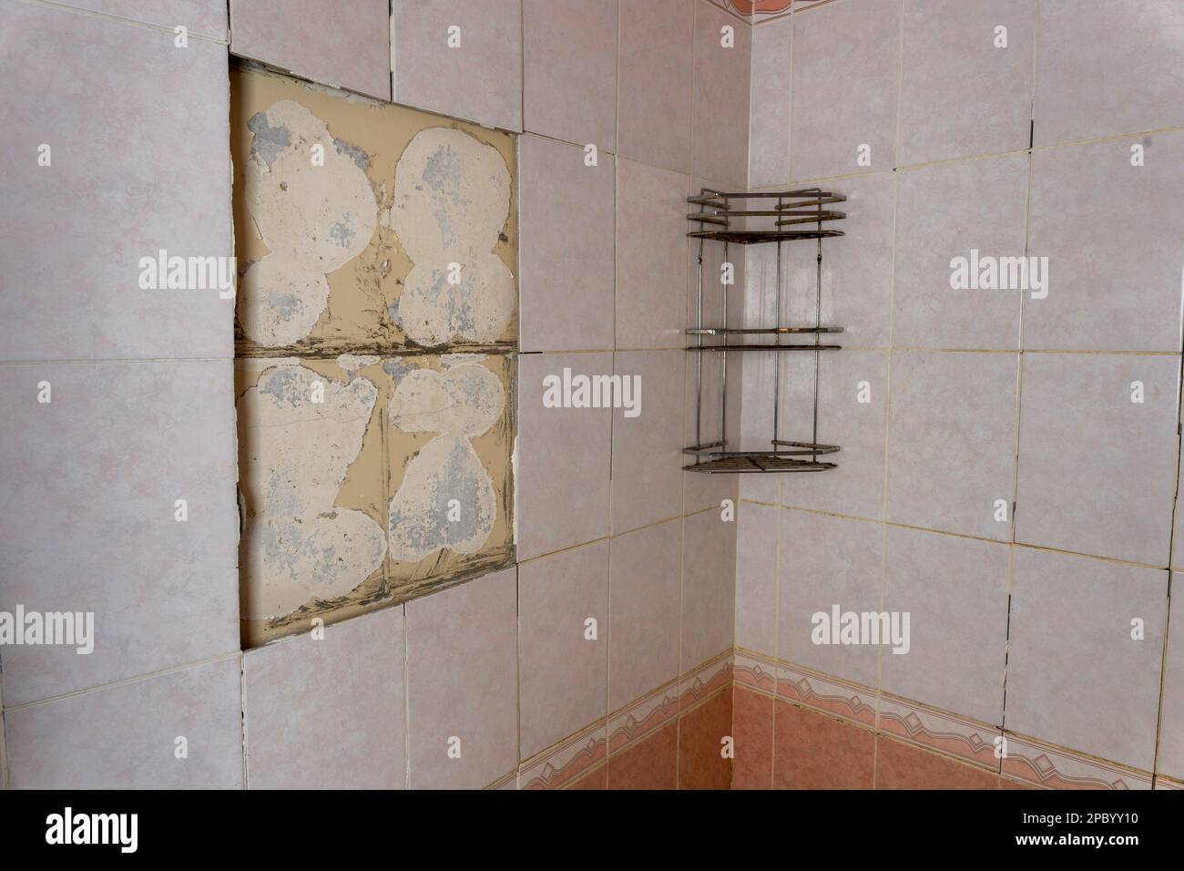 old shabby bathroom with fallen tiles. an old shelf. a piece of peeling wall Stock Photo