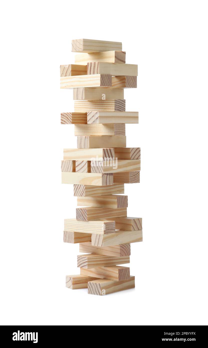 Jenga tower made of wooden blocks on white background Stock Photo Alamy Jenga tower made of wooden blocks on white background Stock Photo Alamy