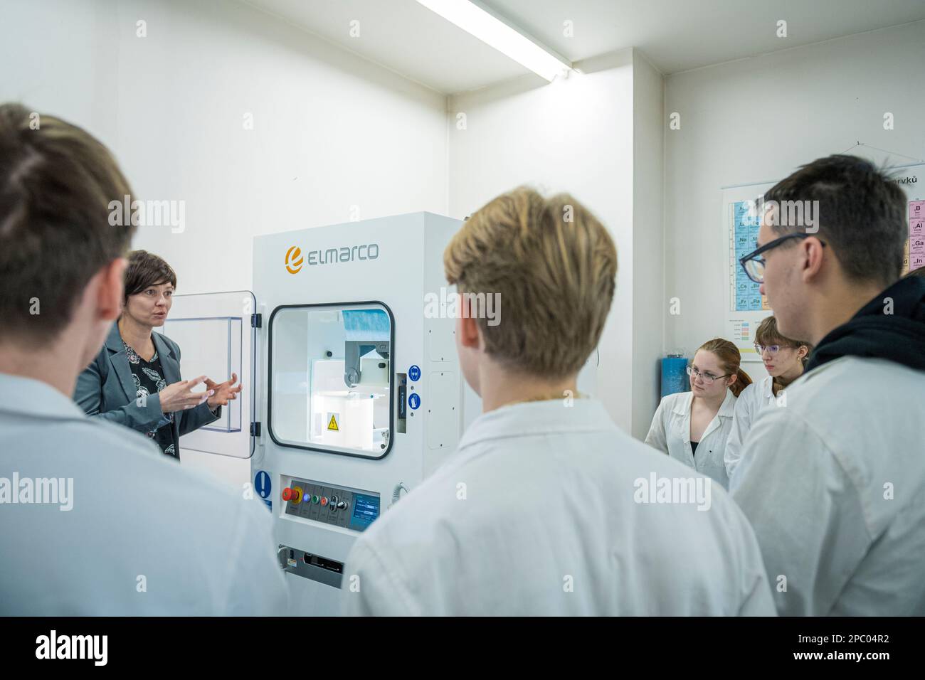 Lab manager shows Nanospider unit of company Elmarco at a new lab in secondary school of
