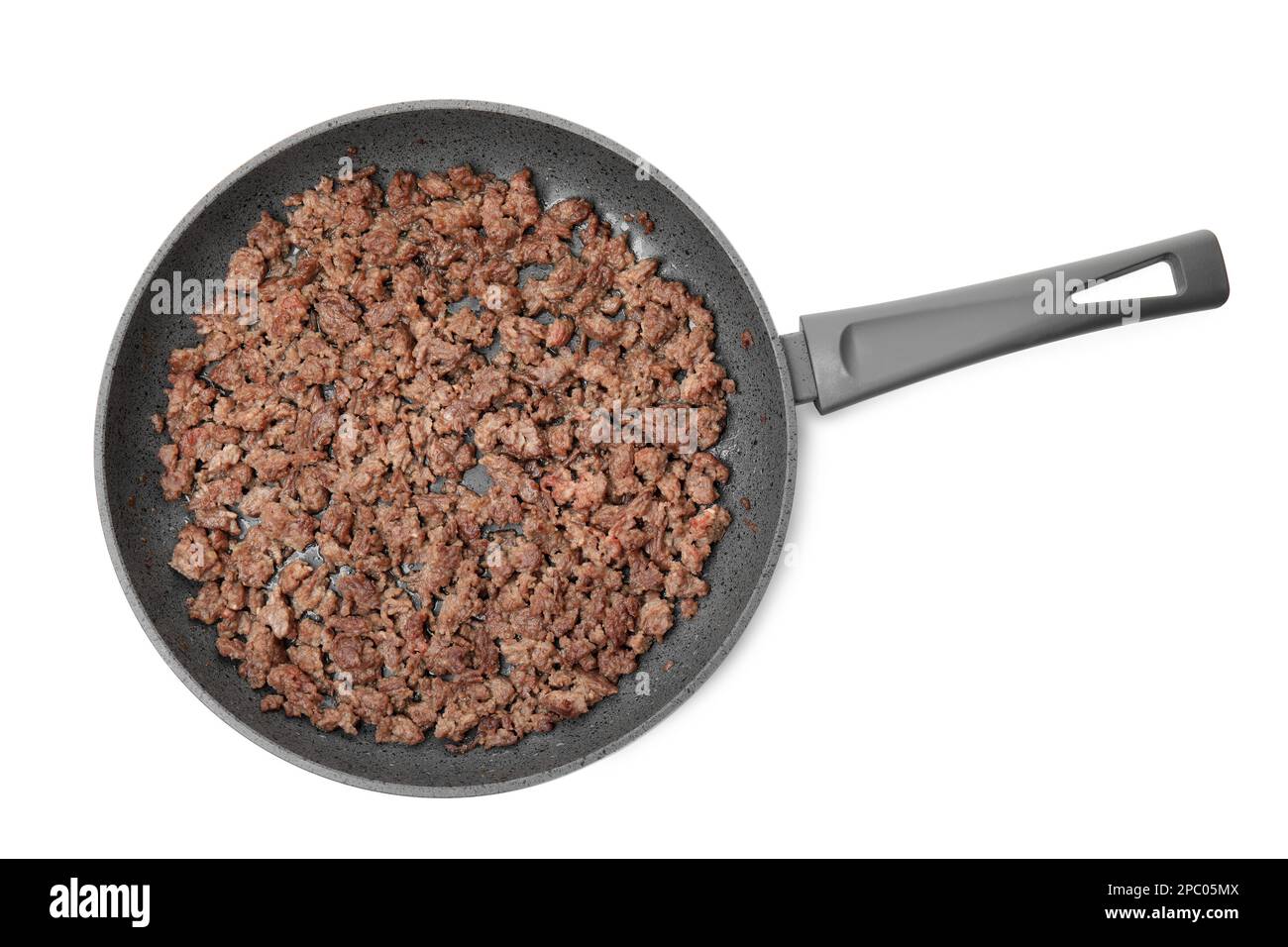 Pan with fried minced meat isolated on white, top view Stock Photo Alamy
