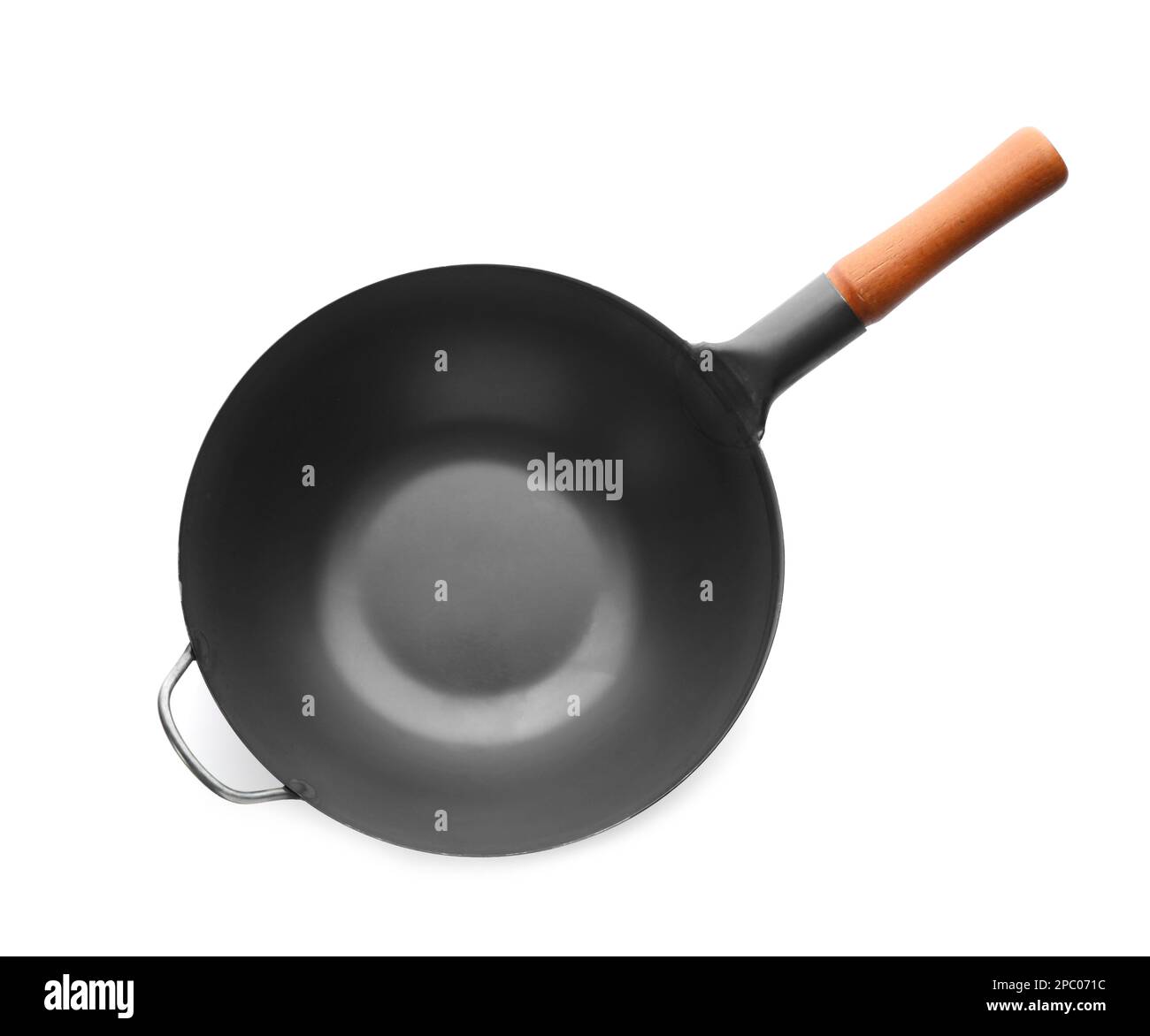 Empty iron wok isolated on white, top view. Chinese cookware Stock