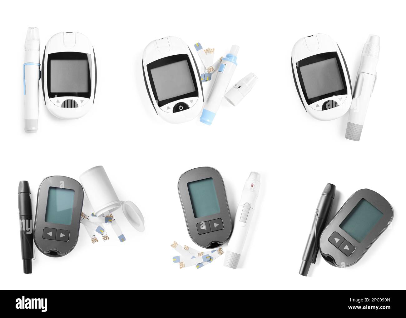 Set with digital lancet pens and test strips on white background, top view