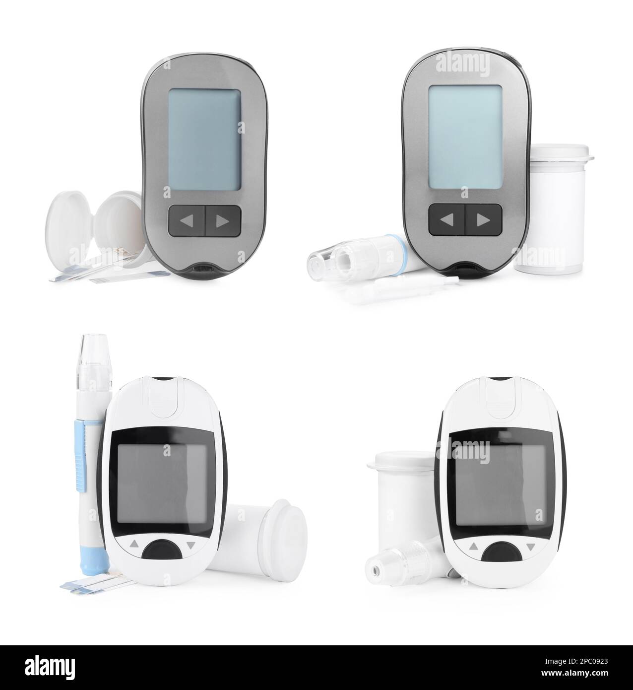 Set with digital lancet pens and test strips on white background. Diabetes control