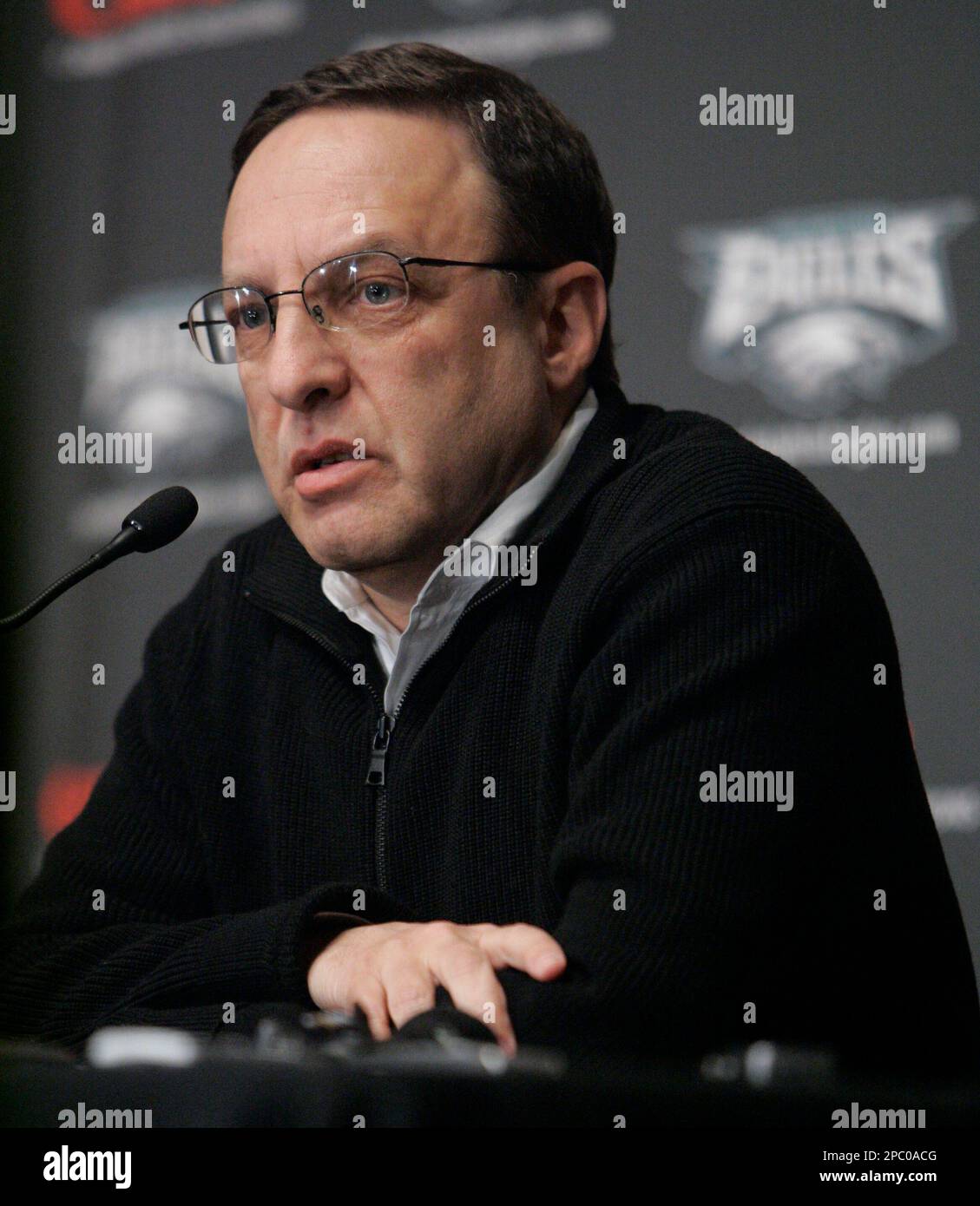 Philadelphia Eagles President Joe Banner makes remarks at a news conference  in Philadelphia, Monday, Feb. 12, 2007. Philadelphia Eagles coach Andy Reid  will leave the team for a month to deal with
