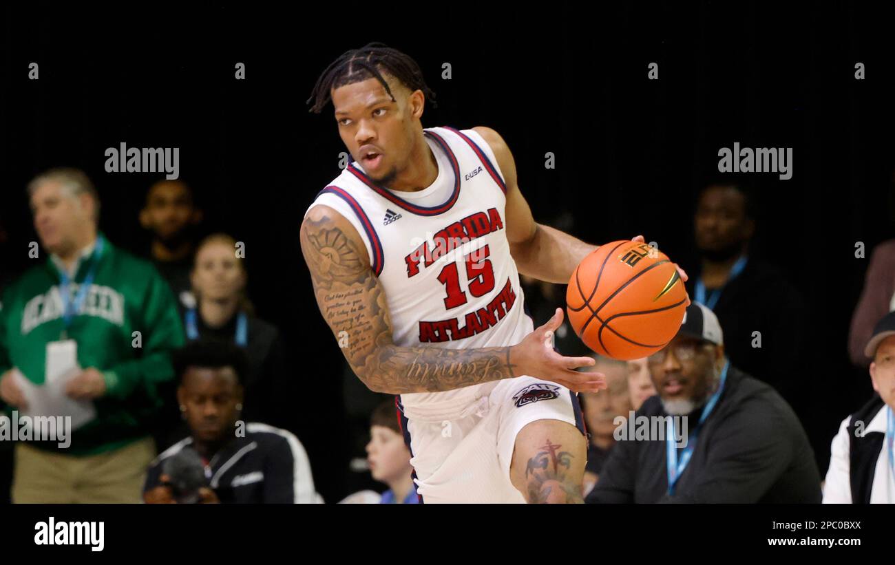 Florida Atlantic guard Alijah Martin (15) moves the ball against Middle  Tennessee during the second half of a Conference USA men's semifinal NCAA  basketball game in Frisco, Texas, Friday, March 10, 2023. (