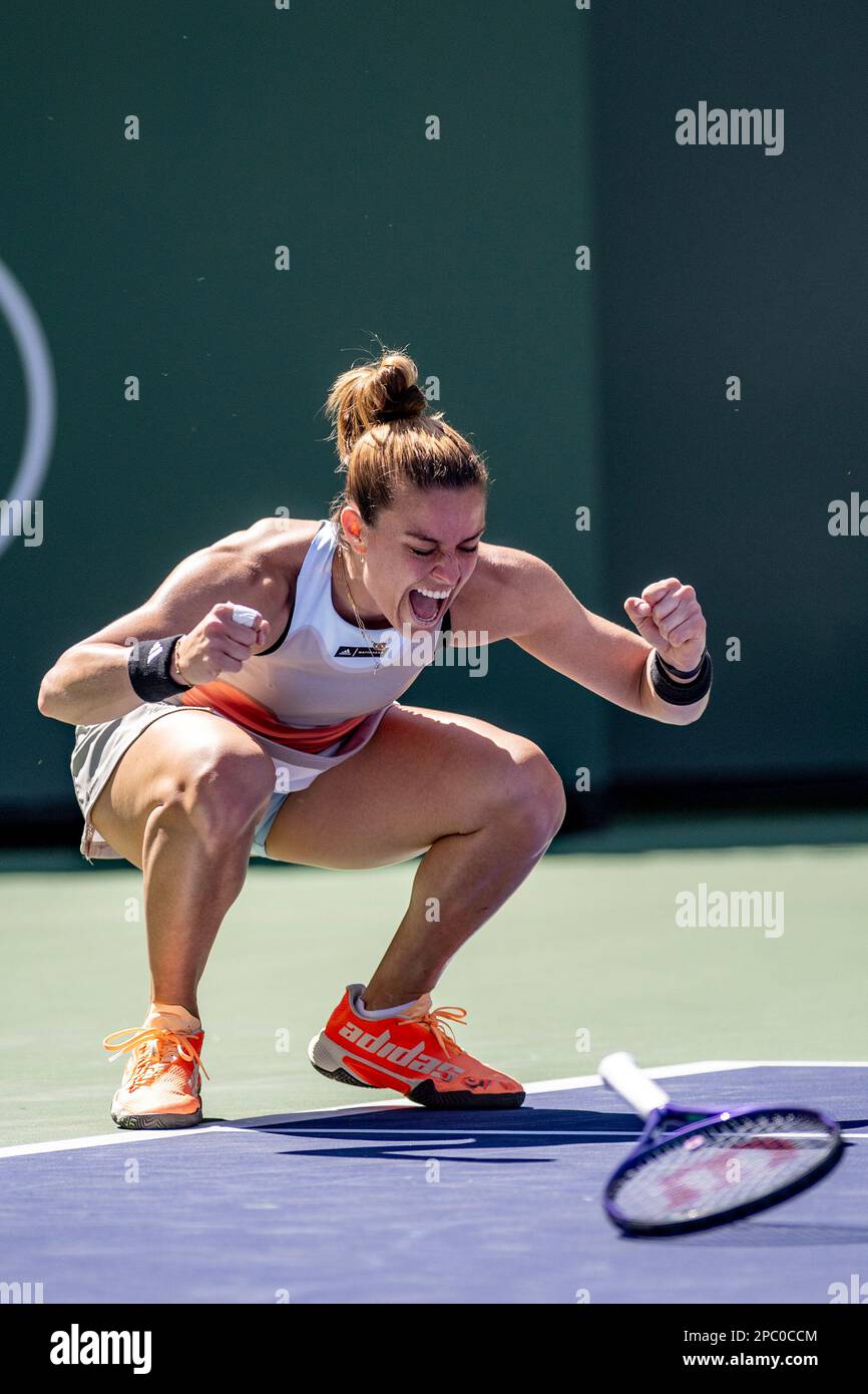 March 12, 2023 Maria Sakkari of Greece returns a shot against Anhelina  Kalinina of Ukraine during the 2023 BNP Paribas Open at Indian Wells Tennis  Garden in Indian Wells, California. Mandatory Photo