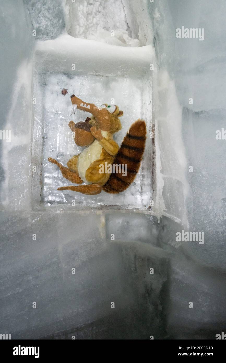 Jungfraujoch, Canton Bern, Switzerland, February 11, 2023 Scrat the squirrel known from the ice age film is trapped in an ice cube inside the ice pala Stock Photo