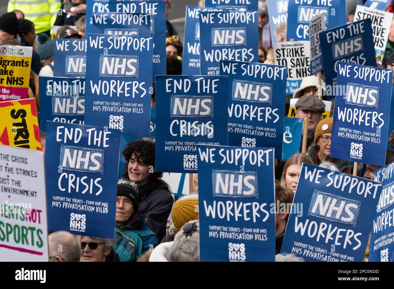 London, UK. 11 March, 2023. National Health Service (NHS) staff and supporters march through Central London demanding better pay and conditions and an Stock Photo