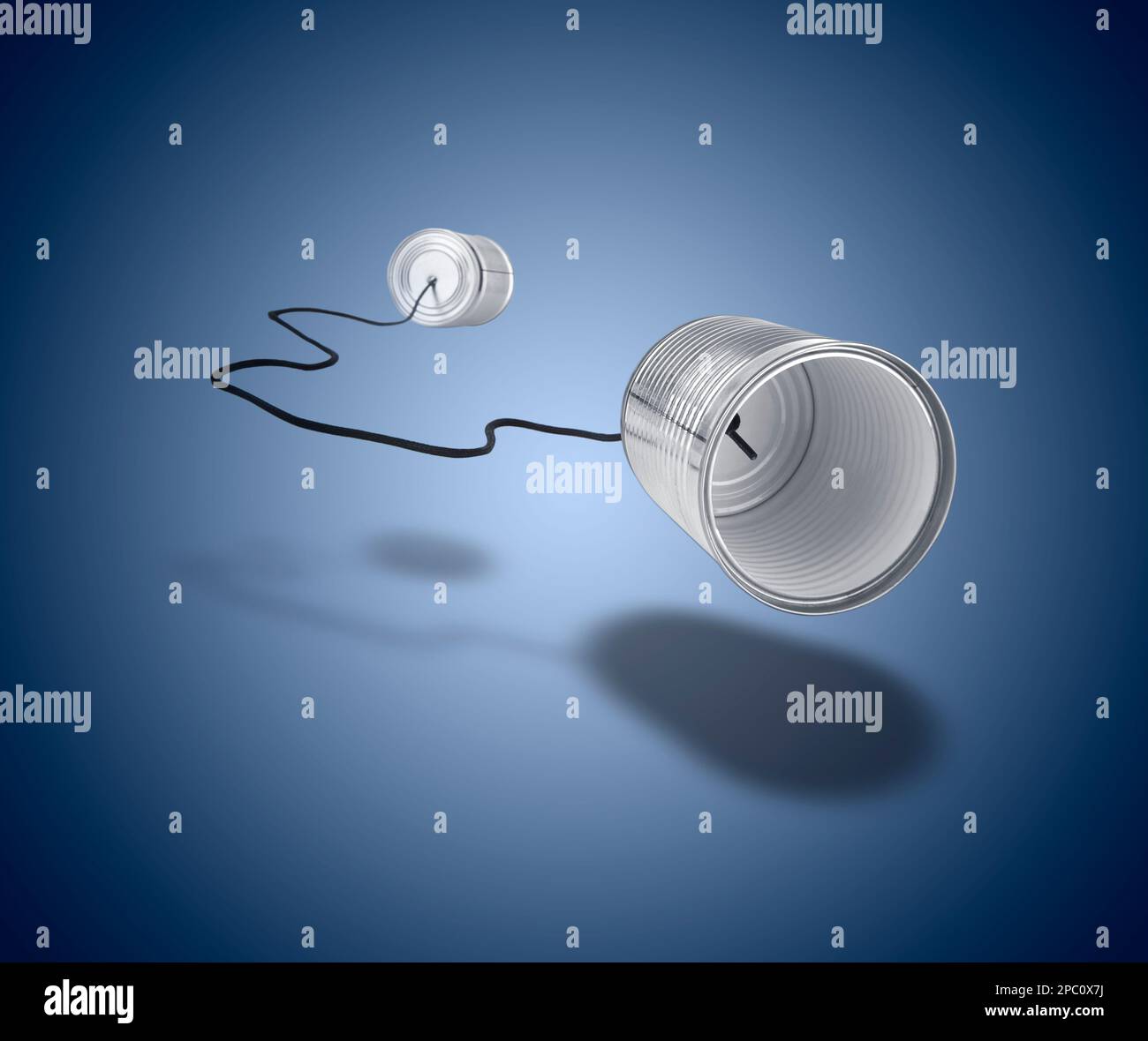 Floating space tin can on blue vivid gradient background. Internet ...