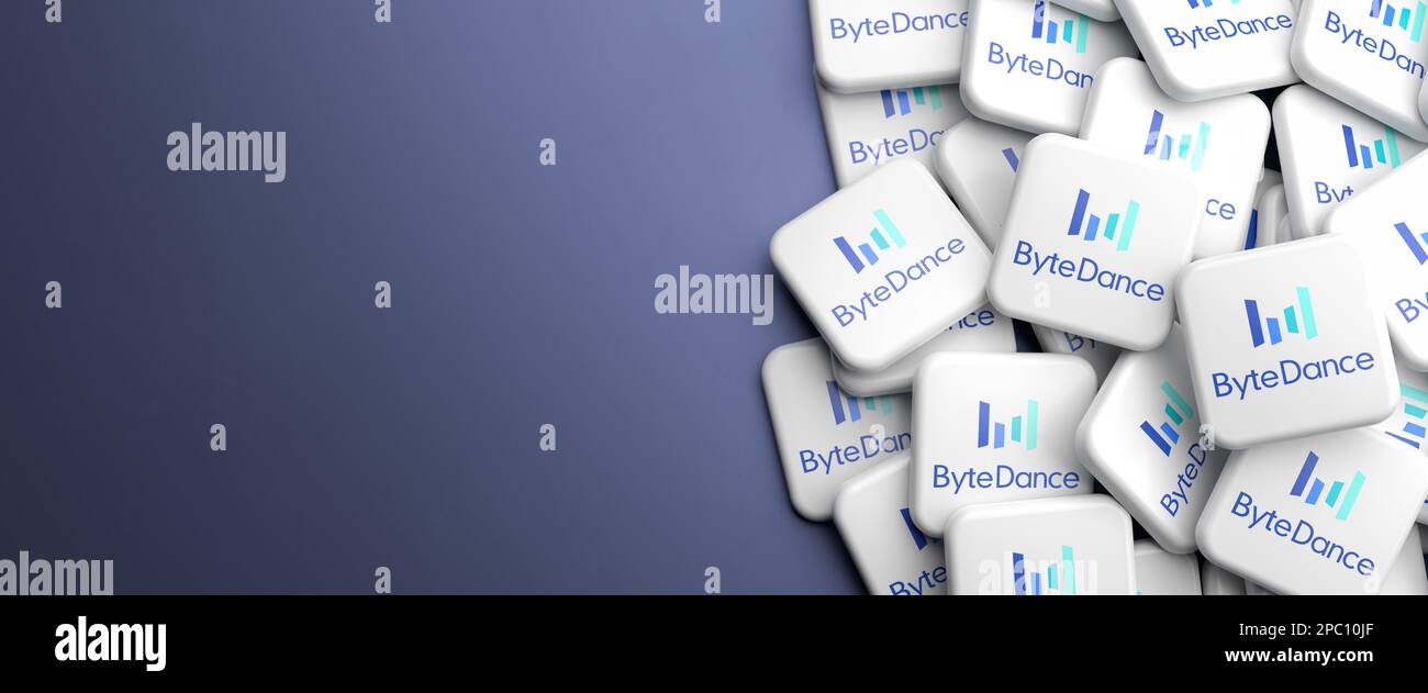 Logos of ByteDance the Chinese Mother company of TikTok on a heap on a table. Copy space. Web banner format. Stock Photo
