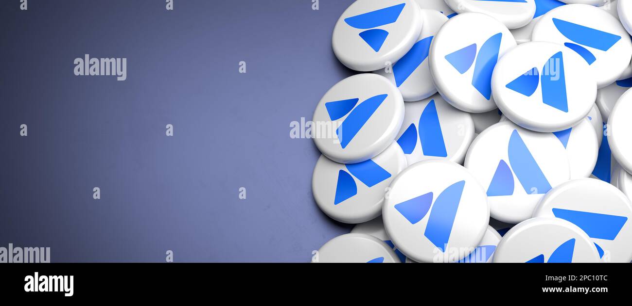 Icons of Atlassian the software company for software development and project management tools on a heap on a table. Copy space. Web banner format. Stock Photo