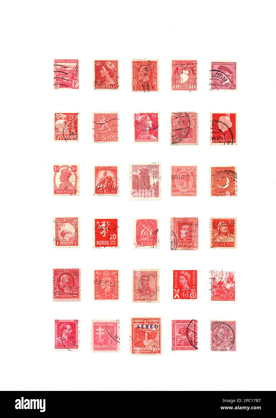 A selection of red vintage postage stamps from around the world Stock