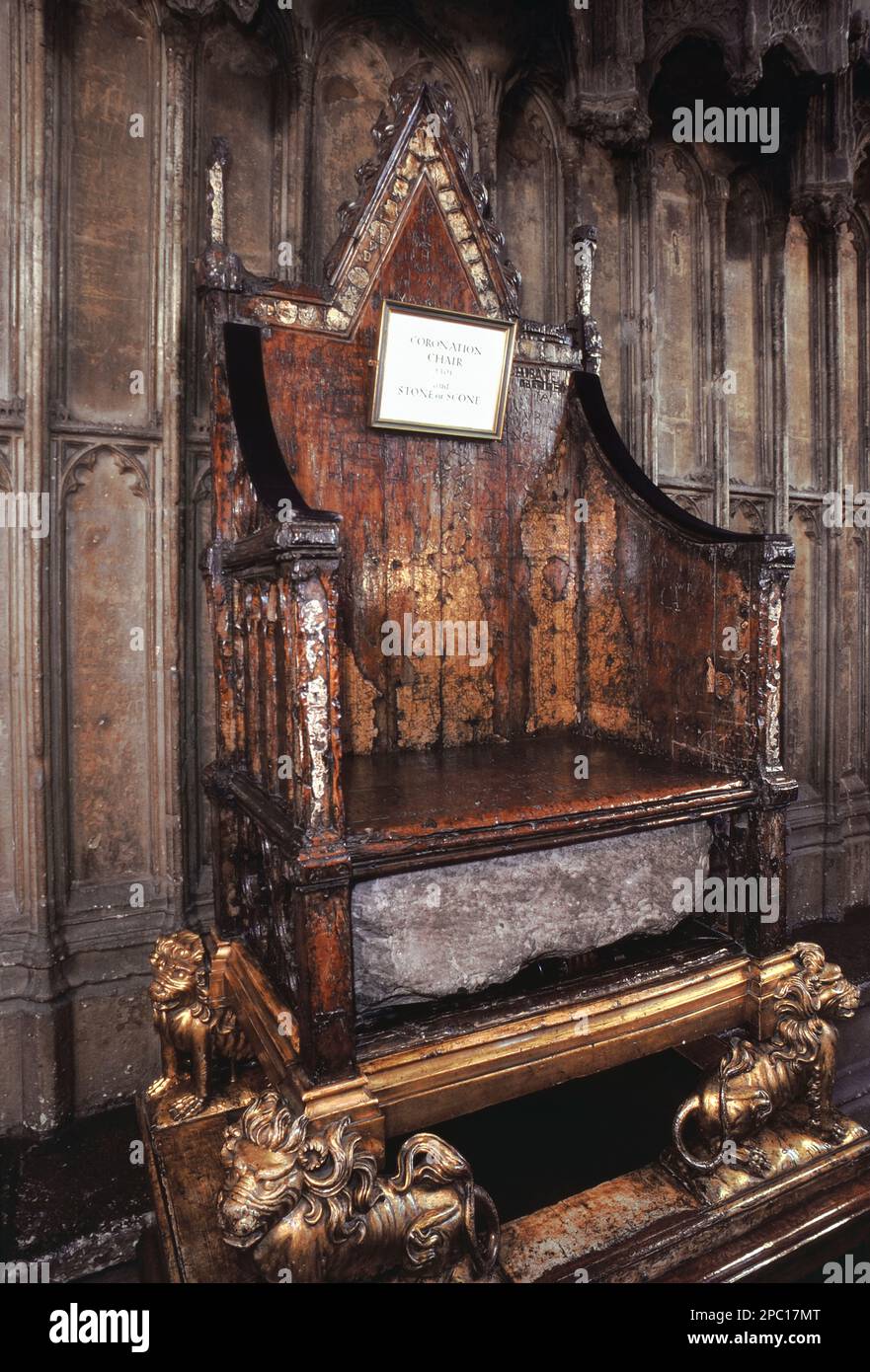 The Coronation Chair, known historically as St Edward's Chair or King Edward's Chair containing the coronation stone of Scotland—known as the Stone of Destiny. Westminster Abbey, London, England, UK Stock Photo