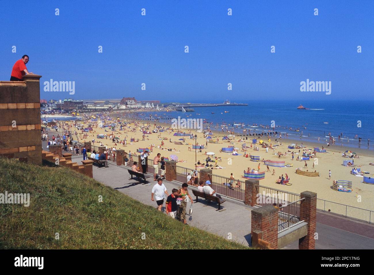 The beach and seafront in summertime at Gorleston-on-Sea Beach, near Great Yarmouth. Norfolk. England. UK Stock Photo