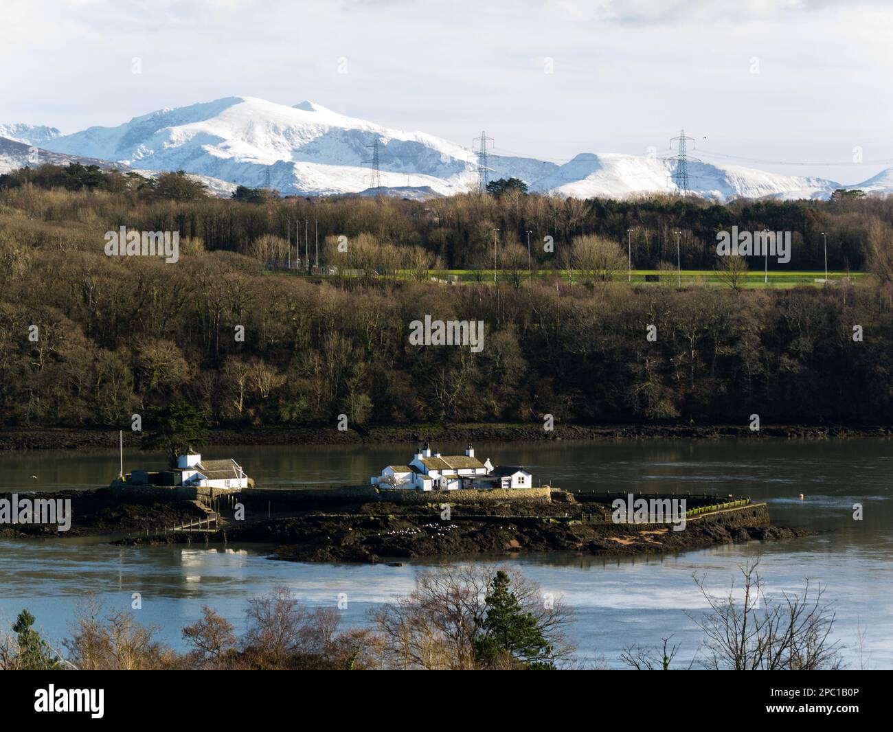 View to Ynys Gored Goch Red Weir Island a small island in the Swellies section of Menai Strait Isle of Anglesey North Wales UK Privately owned and onl Stock Photo