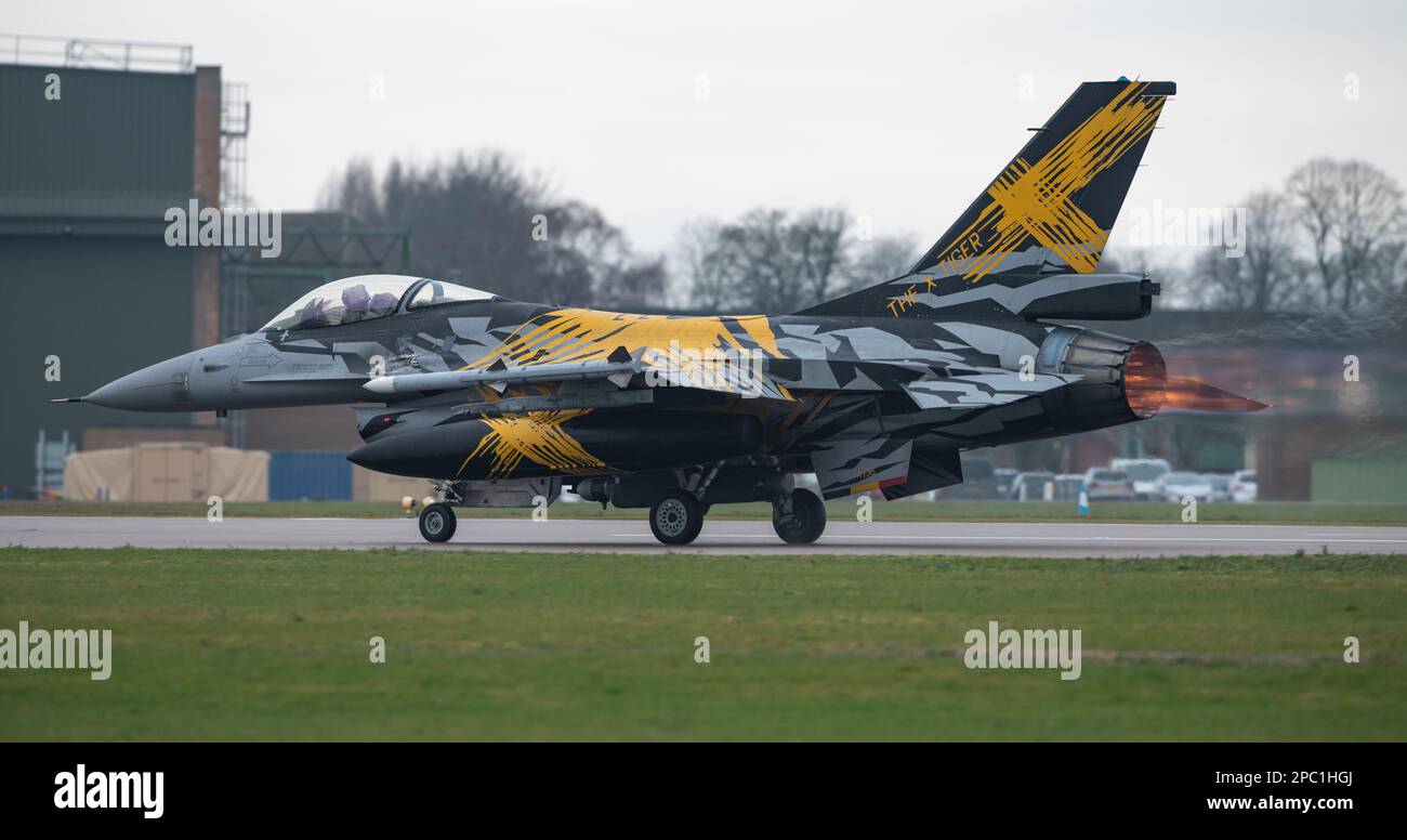 Royal Air Force Waddington, Waddington, Lincolnshire, England. 6th March 2023. FA-136- ‘X-Tiger’, the special painted F-16 that celebrates 70 years ofBelgian Air Component’s 31st Tiger Squadron (10th Tactical Wing) Takes off, during exercise cobra warrior 2023, Ex-Cobra Warrior 23-1, at Royal Air Force Waddington, Royal Air Force Waddington (Credit Image: ©Cody Froggatt) Stock Photo