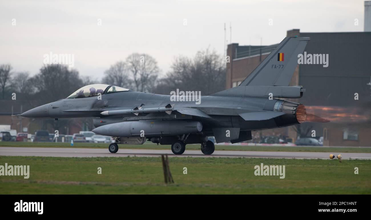 Royal Air Force Waddington, Waddington, Lincolnshire, England. 6th March 2023. Belgian Air Component General Dynamics F-16 A Fighting Falcon FA-77 takes off, during exercise cobra warrior 2023, Ex-Cobra Warrior 23-1, at Royal Air Force Waddington, Royal Air Force Waddington (Credit Image: ©Cody Froggatt Stock Photo