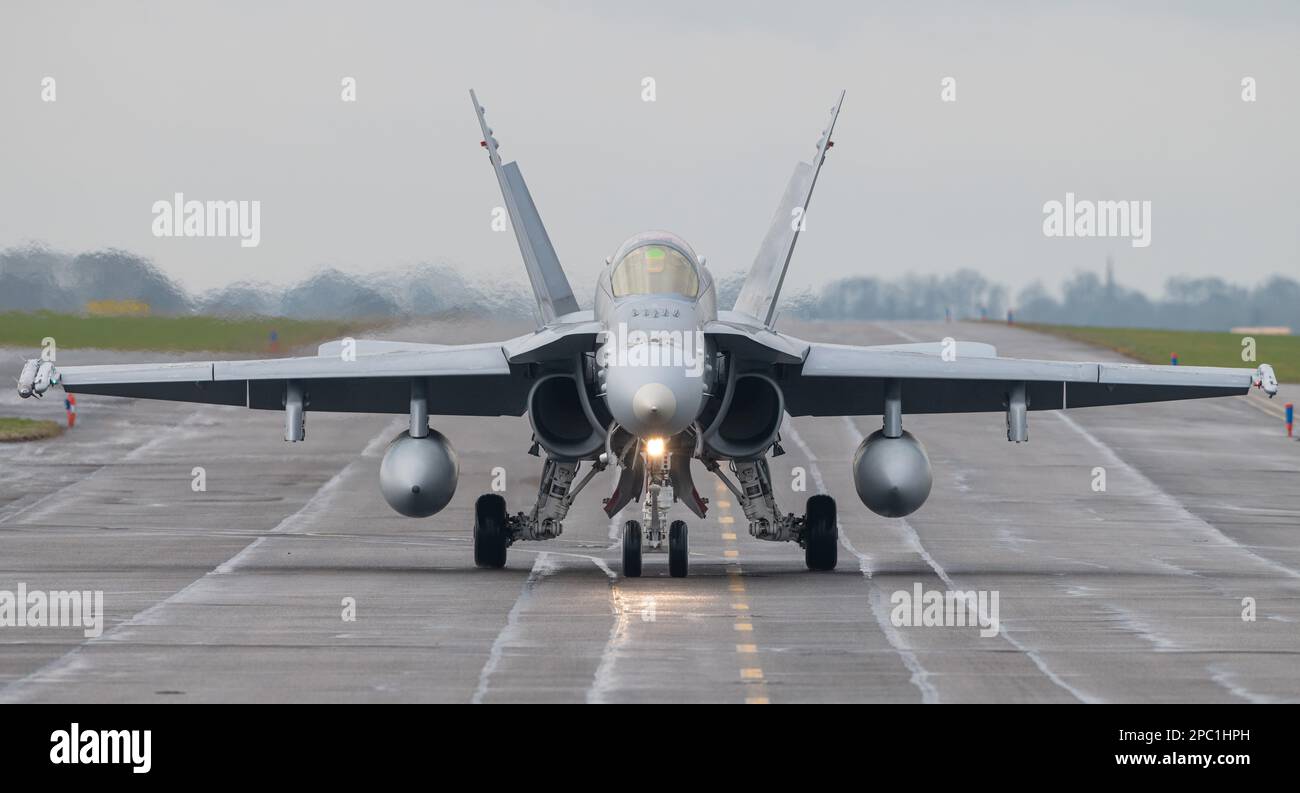 Royal Air Force Waddington, Waddington, Lincolnshire, England. 6th March 2023. Finnish Air Force Boeing F/A-18 C taxies ahead of take off, during exercise cobra warrior 2023, Ex-Cobra Warrior 23-1, at Royal Air Force Waddington, Royal Air Force Waddington (Credit Image: ©Cody Froggatt) Stock Photo