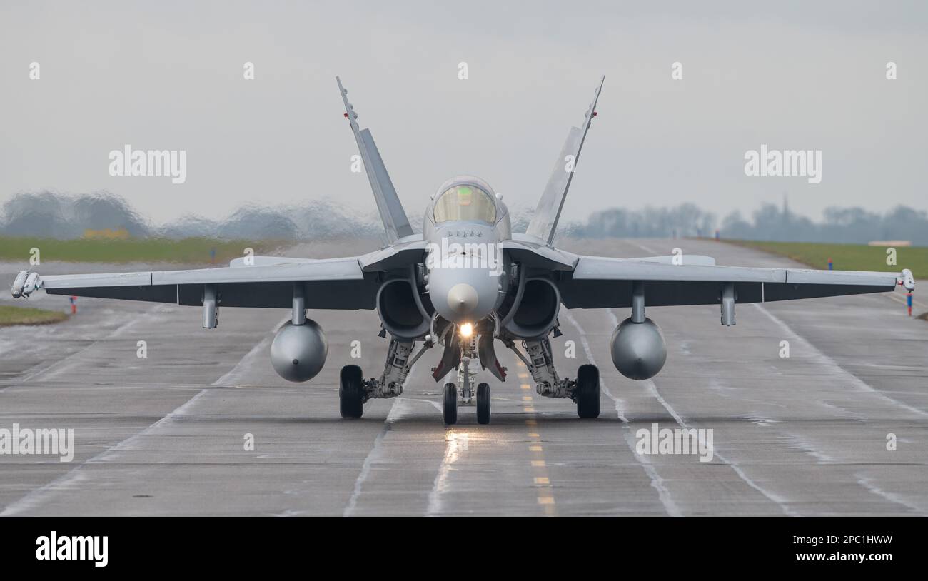 Royal Air Force Waddington, Waddington, Lincolnshire, England. 6th March 2023. Finnish Air Force Boeing F/A-18 C taxies ahead of take off, during exercise cobra warrior 2023, Ex-Cobra Warrior 23-1, at Royal Air Force Waddington, Royal Air Force Waddington (Credit Image: ©Cody Froggatt) Stock Photo