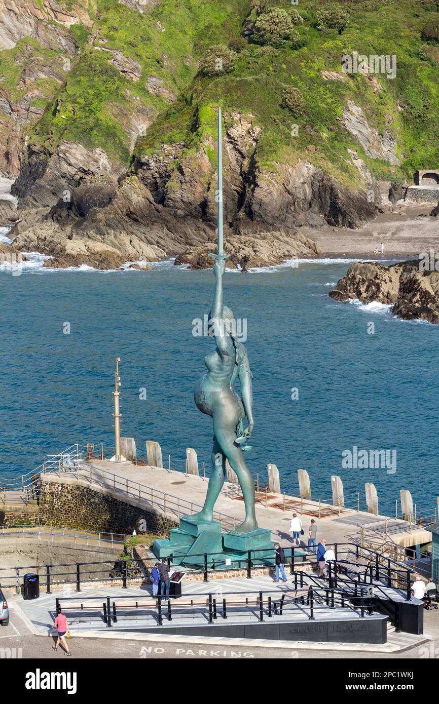 Verity statue by Damien Hirst at Harbour, North Devon, UK. A stainless steel and