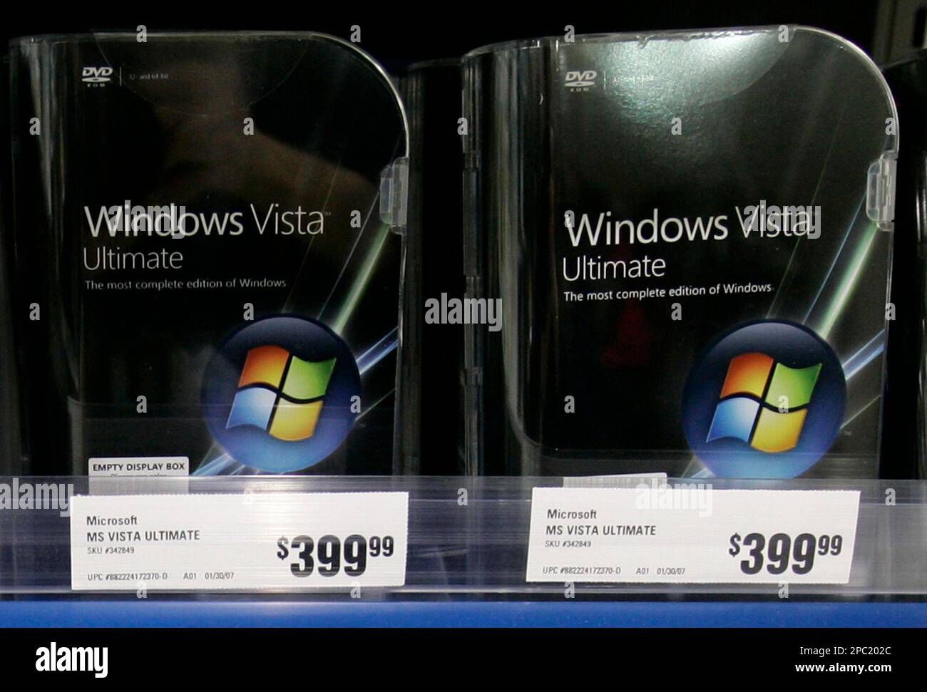 Copies of Microsoft Corp.'s Windows Vista Ultimate computer operating  system are shown for sale at the non-upgrade price Tuesday, Jan. 30, 2007  at a CompUSA store in Mountlake Terrace, Wash., north of