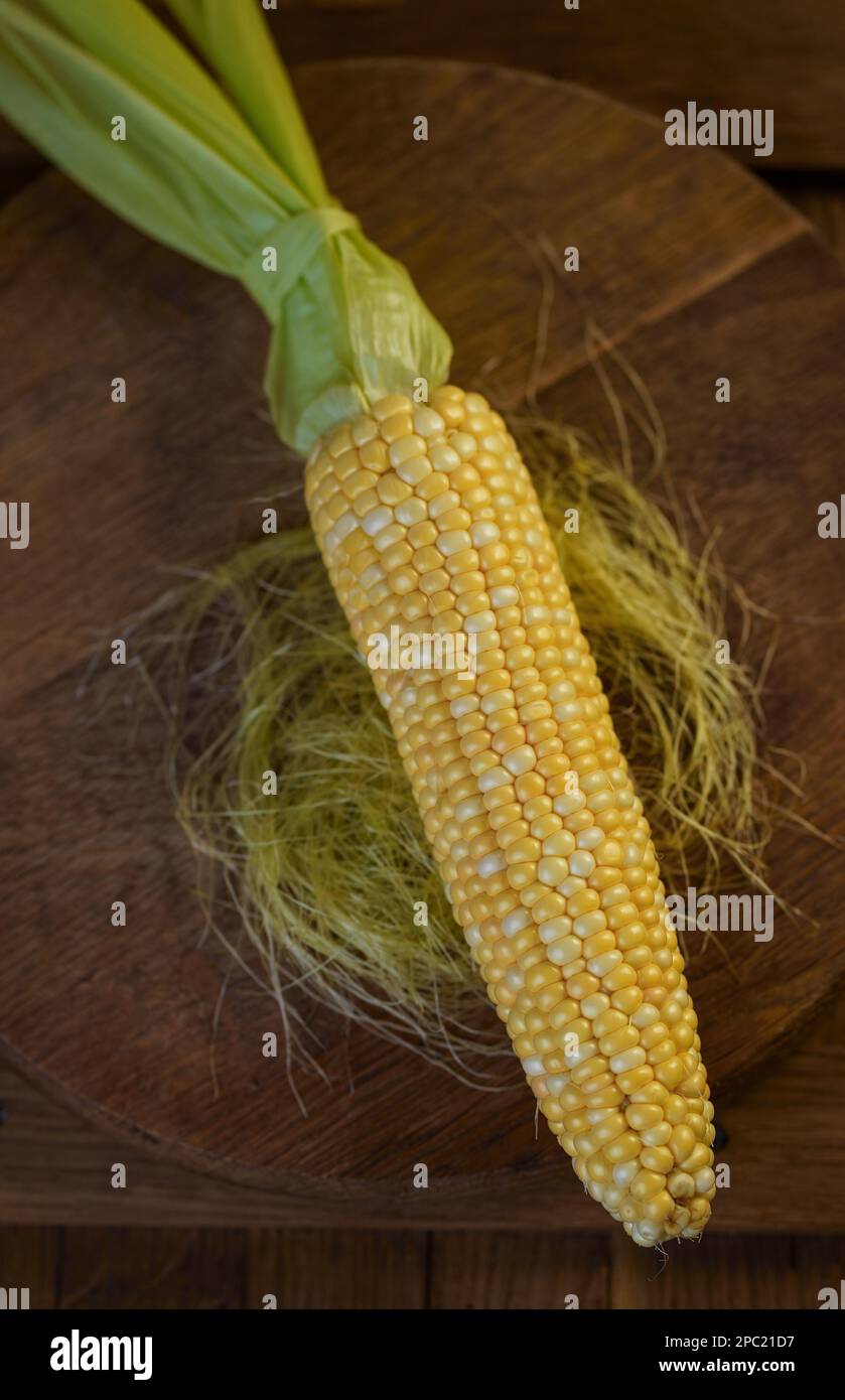 Fresh corn on cobs on rustic wooden table. Sweet corn ears background Stock Photo