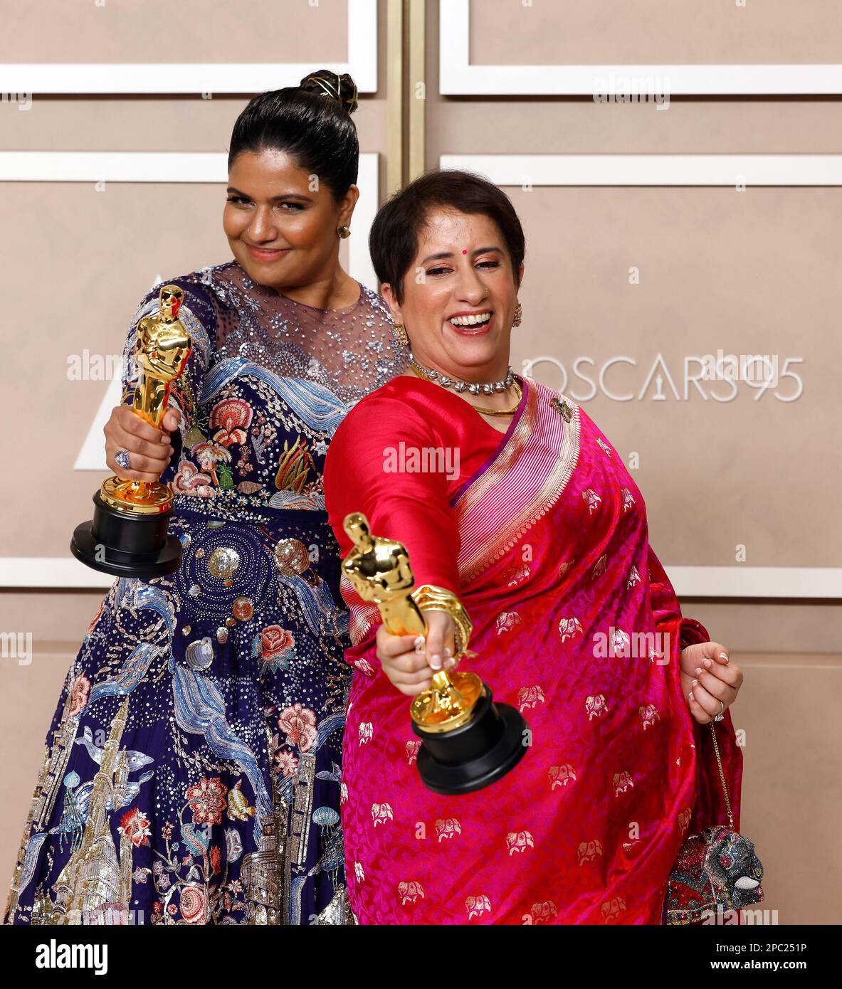 (L-R) Kartiki Gonsalves and Guneet Monga, winners of the award for Best Documentary Short Subject for 'The Elephant Whisperers,' appear backstage with their Oscars during the 95th annual Academy Awards at Loews Hollywood Hotel in the Hollywood section of Los Angeles on Sunday, March 12, 2023. Photo by John Angelillo/UPI Stock Photo
