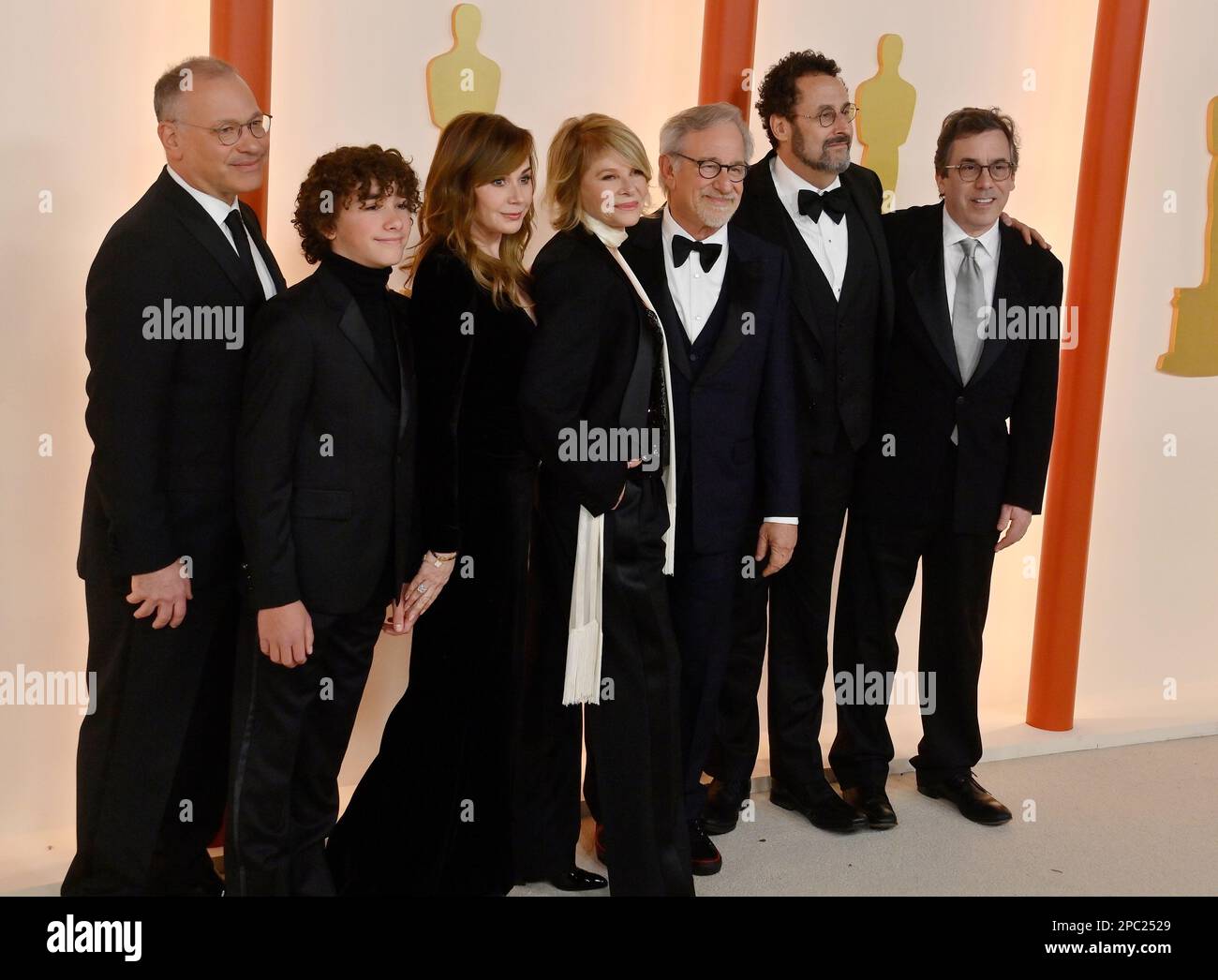 Steven Spielberg (3R) his wife Kate Capshaw, Tony Kushner (2R), Jon Landau (R) and 'The Fabelmans' cast members the 95th annual Academy Awards at the Dolby Theatre in the Hollywood section of Los Angeles on Sunday, March 12, 2023. Photo by Jim Ruymen/UPI Stock Photo