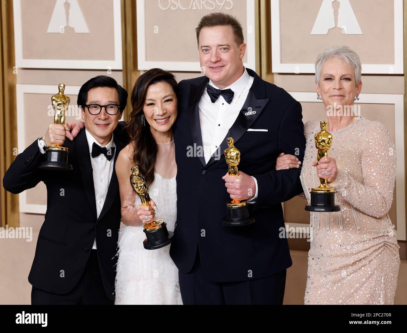 Brendan Fraser (second from R), winner of the award for Best Actor in a Leading Role for 'The Whale,' and (L-R) Ke Huy Quan, winner of the award for Best Actor In A Supporting Role, Michelle Yeoh, winner of the award for Best Actress in a Leading Role and Jamie Lee Curtis, winner of the award for Best Supporting Actress for 'Everything Everywhere All at Once,' appear backstage with their Oscars during the 95th annual Academy Awards at Loews Hollywood Hotel in the Hollywood section of Los Angeles on Sunday, March 12, 2023. Photo by John Angelillo/UPI Stock Photo