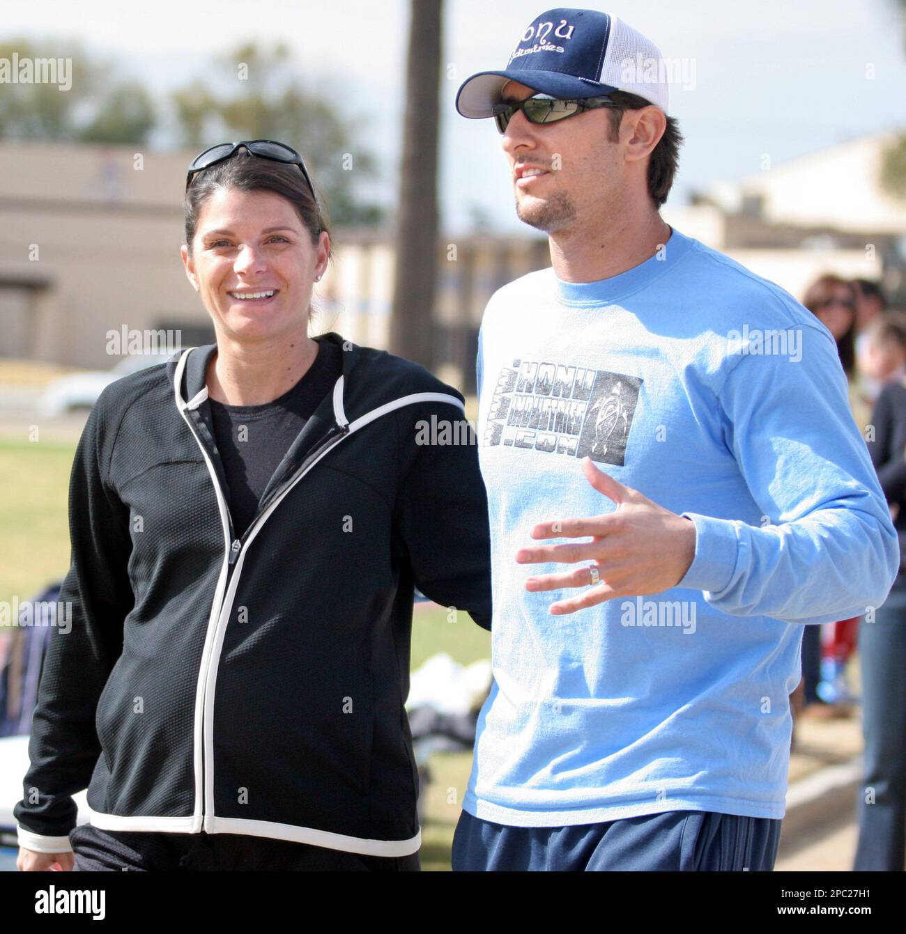 Los Angeles Dodgers' Nomar Garciaparra, right, and his pregnant soccer-star  wife, Mia Hamm, attend a soccer clinic and bone marrow drive at St. John  Bosco High School Sunday, Jan. 28, 2006, in