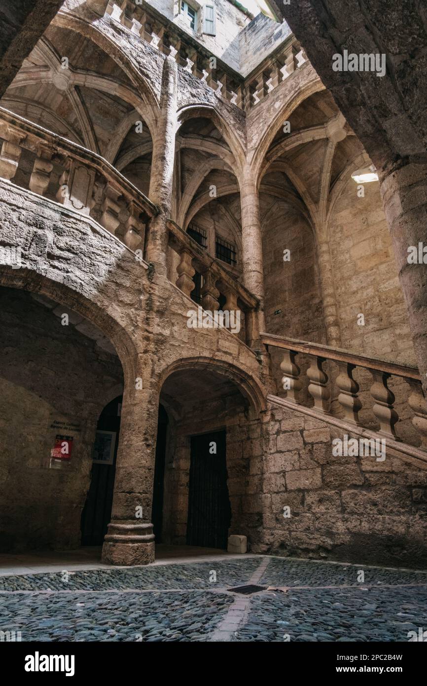 Inner courtyard of the 16th medieval townhouse of Lacoste Barons in the old town of Pezenas in the south of France (Herault) Stock Photo