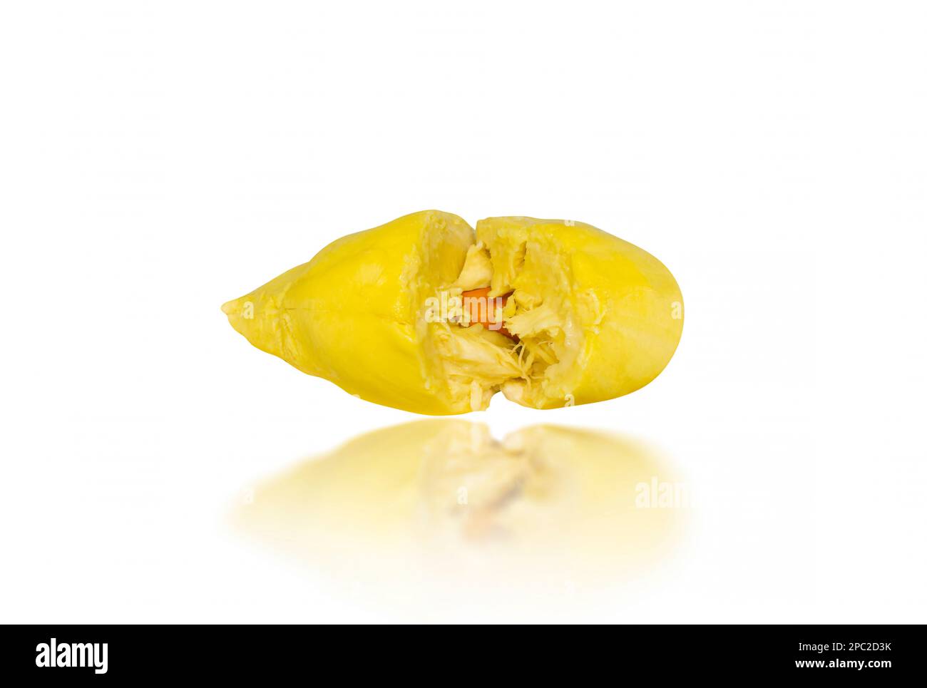 Ripe durian seed with yellow flesh isolated on white background, isolated object with clipping path Stock Photo