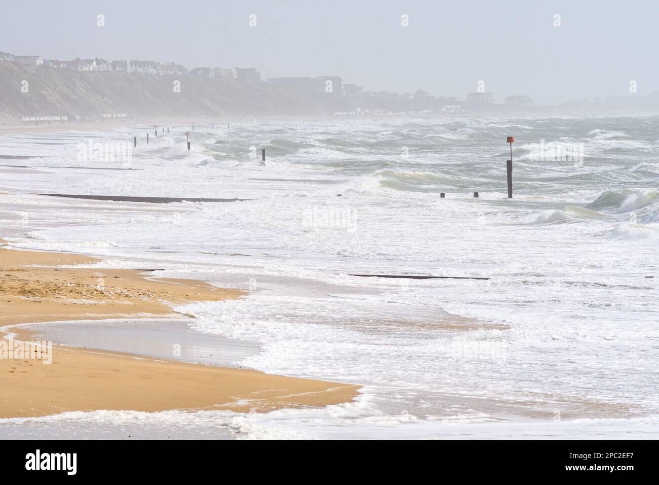 Stormy weather, Boscombe Beach, Bournemouth, Dorset, UK, 13th March 2023. Strong winds and large waves on the south coast of England. Stock Photo