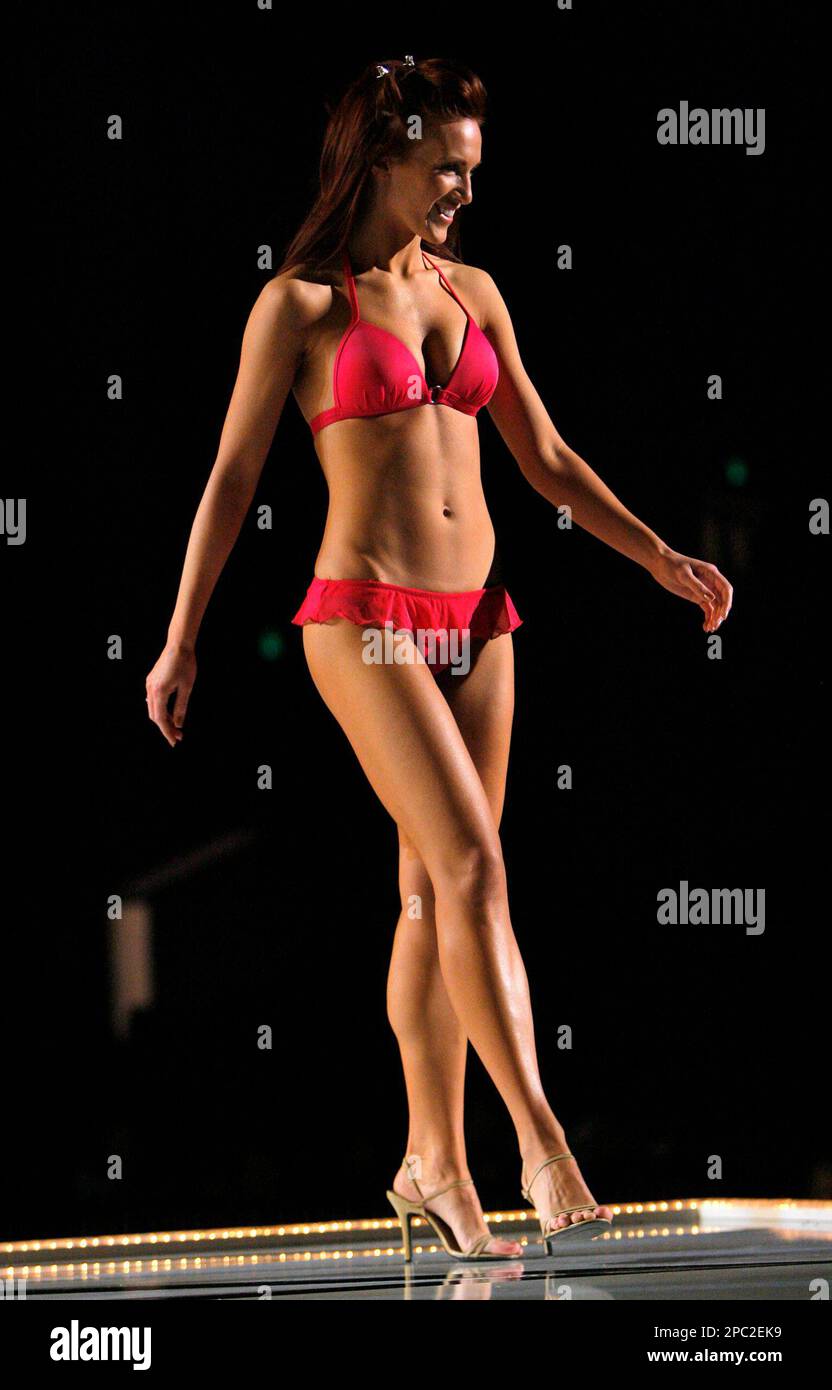 Miss Nebraska, Molly McGrath, walks in a swimsuit on the stage during a  rehearsal for the 2007 Miss America Pageant at the Aladdin hotel-casino in  Las Vegas on Friday, Jan. 26, 2007. (