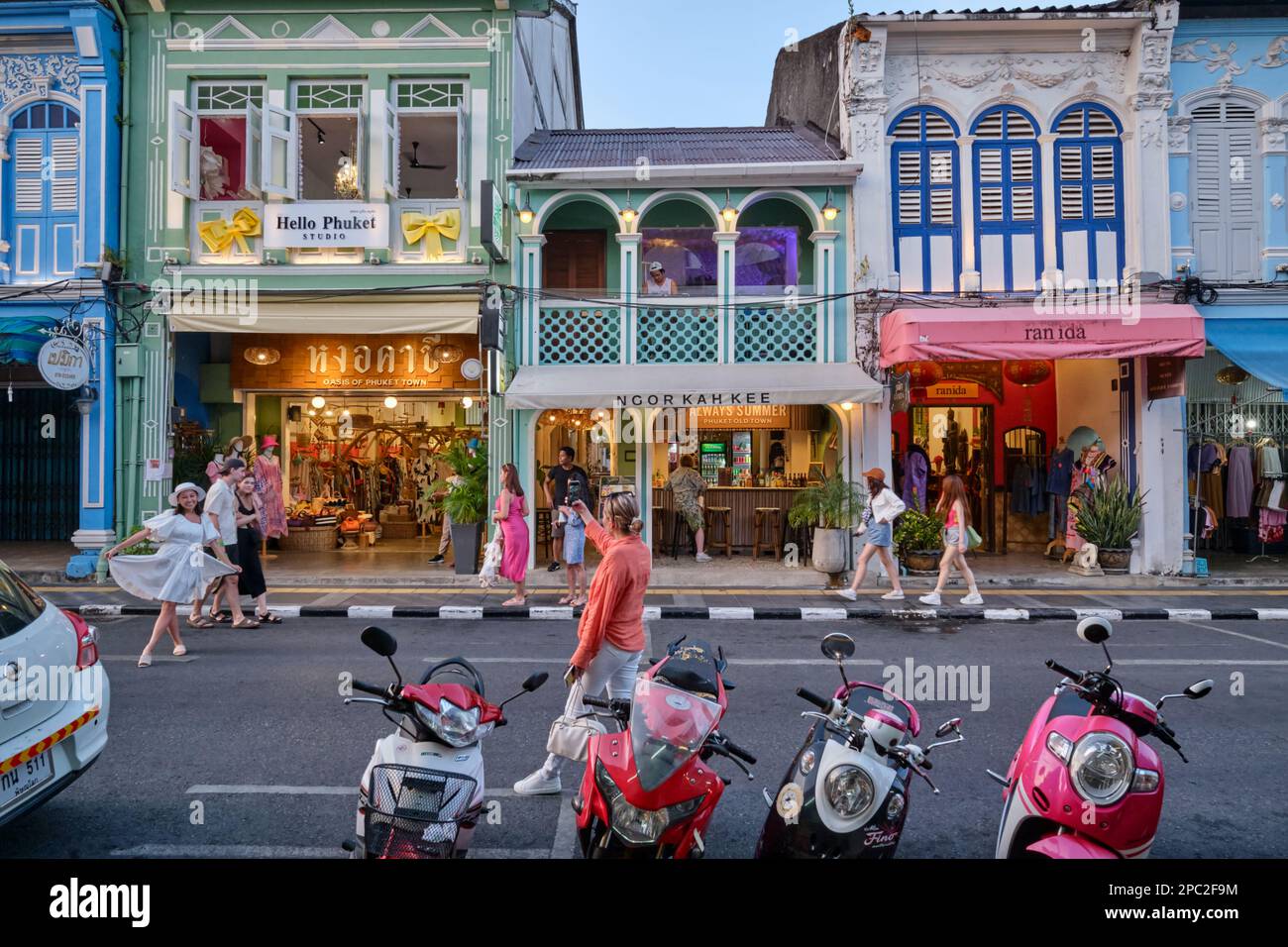 Foreign tourists visiting Thalang Road in the Old Town are of Phuket Town, Phuket, Thailand, enjoying the traditional Sino-Portuguese architecture Stock Photo