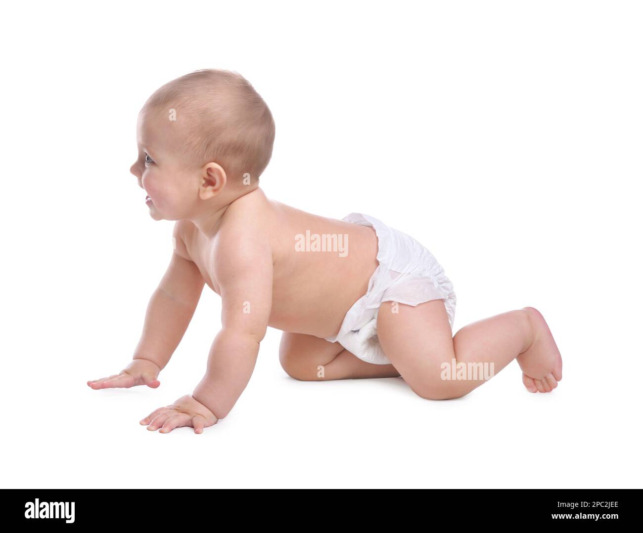 Cute baby in dry soft diaper crawling on white background Stock Photo