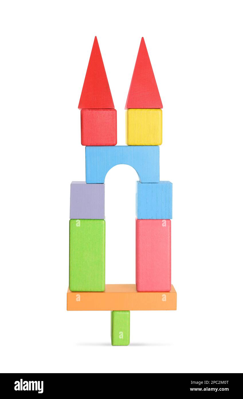 Building made of colorful wooden blocks on white background Stock Photo ...