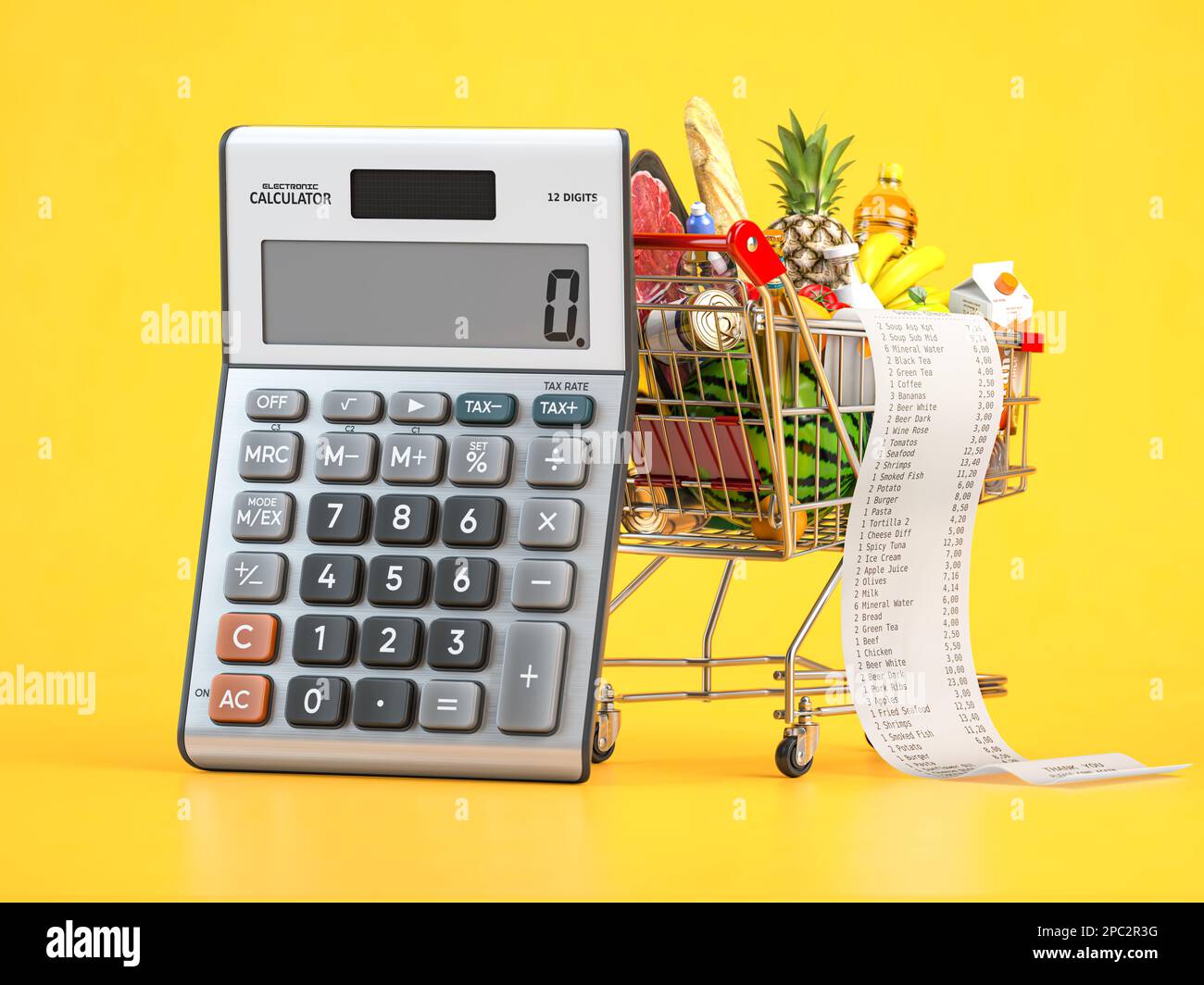 Shopping cart full of grocery food with receipt and calculator. Home budget, savings, inflation and consumerism concept. 3d illustration Stock Photo