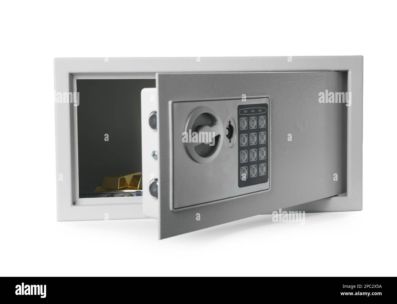 Open steel safe with money and gold bars on white background Stock ...