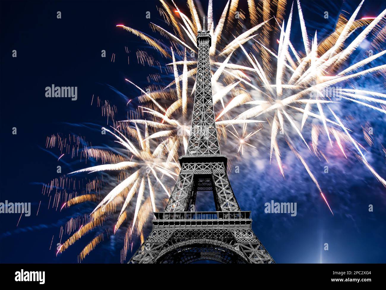 Celebratory colorful fireworks over the Eiffel Tower in Paris, France