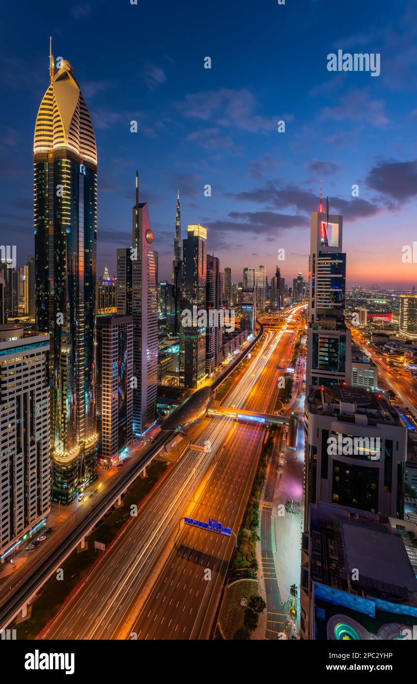 View from Level 43 rooftop bar of Sheikh Zayed Road during rush hour