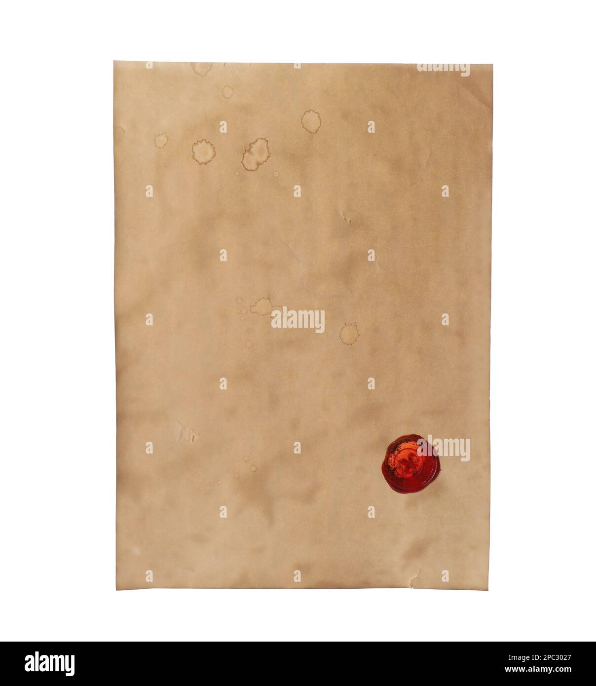 Sheet of old parchment paper with wax stamp isolated on white. Space