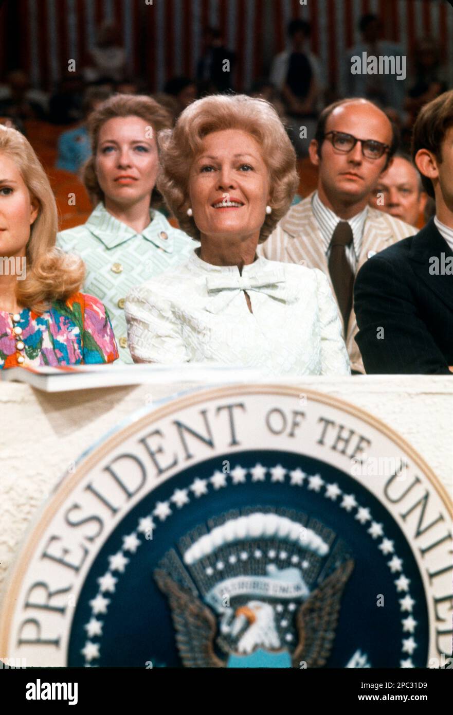 First lady Patricia Nixon watches the proceedings at the 1972 Republican National Convention in Miami Beach, Florida, on its opening night, August 22, 1972. Credit: Arnie Sachs/CNP Stock Photo