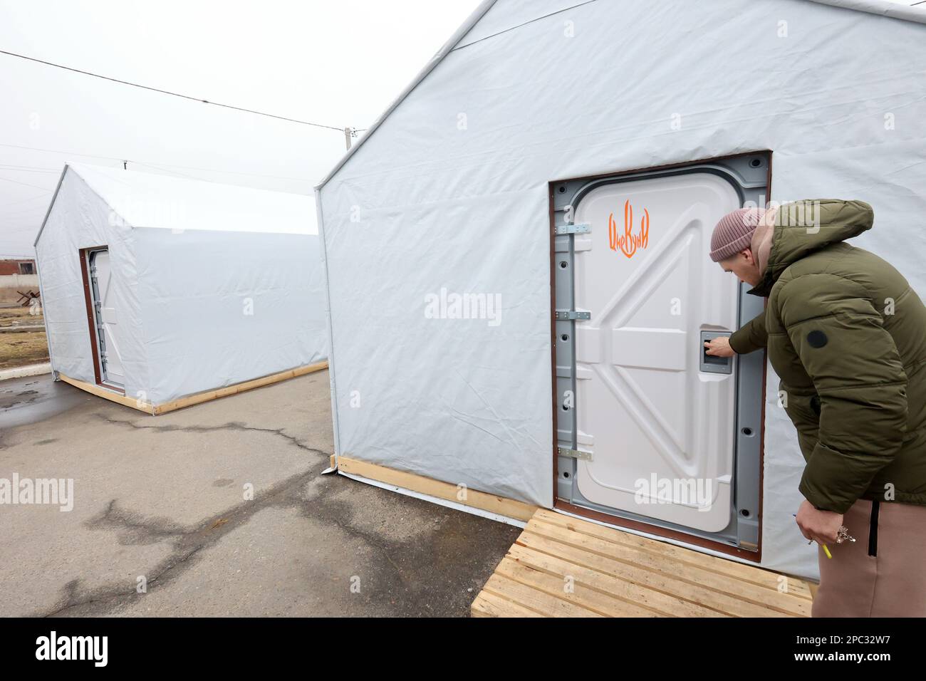 TSYRKUNY, UKRAINE - MARCH 11, 2023 - Modular houses provide ...